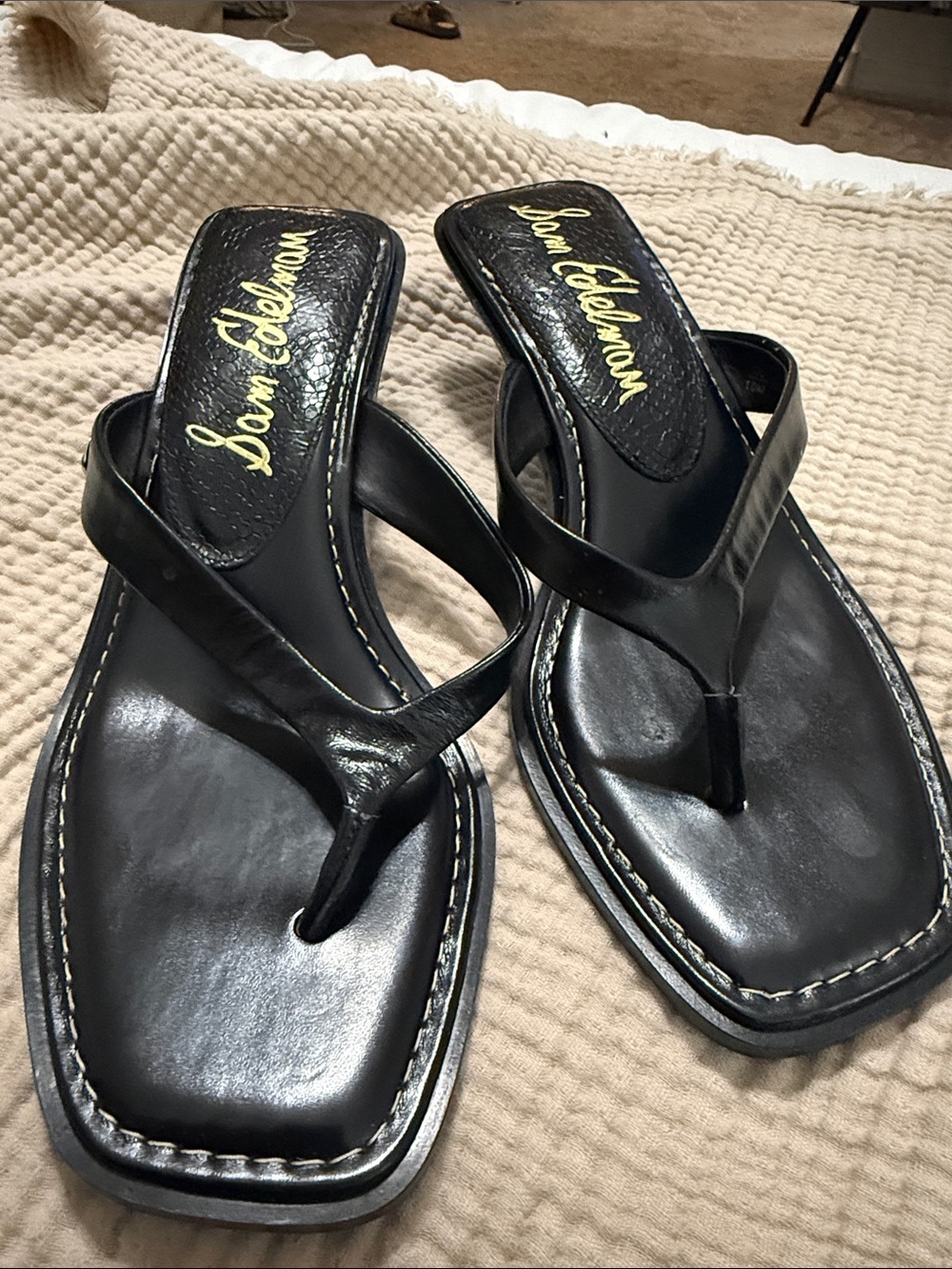 Sam Edelman Black Leather Square-Toe Thong Sandals with Gold Logo